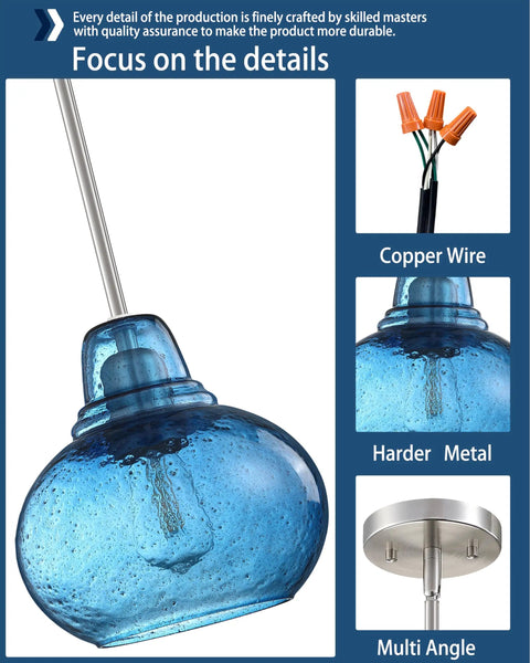Two Pack Kitchen Island Pendant Lights With Hand Blown Brownish Blue Seeded Glass Shades Brushed Nickel Finish details