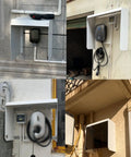 Universal EV Charger Cover Waterproof Rain Shield Galvanized Steel Outdoor Protector For Electric Vehicle Stations mounted on walls.