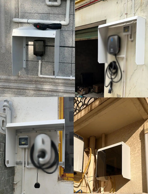 Universal EV Charger Cover Waterproof Rain Shield Galvanized Steel Outdoor Protector For Electric Vehicle Stations mounted on walls.