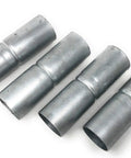 Four Tough No Nonsense Galvanized Chain Link Fence Top Rail Sleeves One And Five-Eighths Inch By Six Inch, laid side by side.