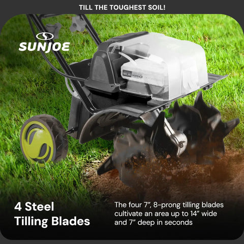 Cordless Garden Tiller Kit With Dual 24V Batteries And Charger, No Gas No Fumes, showing steel tilling blades at work on soil