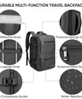 Sturdy Unisex Travel Backpack For Laptop, Carry-On Size With 40L Expandable To 48L, Black, showing zippers, straps, and water-repellent material.