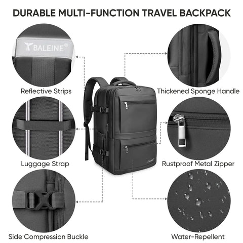 Sturdy Unisex Travel Backpack For Laptop, Carry-On Size With 40L Expandable To 48L, Black, showing zippers, straps, and water-repellent material.