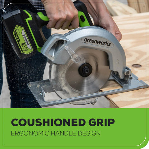 Close-up of Brushless 7.25 Inch Cordless Circular Saw Kit in use on wood, ergonomic cushioned grip visible