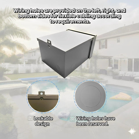 Heavy Duty 10x8x6 Inch Metal Outdoor Electrical Box IP66 Waterproof Lockable Enclosure Built With 1.5mm Cold Rolled Steel Plate Heavy Duty Construction Rust Resistant Weatherproof Junction Box With Locking Lid For Outdoor Electrical Installations showing wiring holes and lockable lid