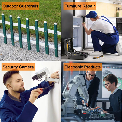 Outdoor guardrails, man repairing refrigerator, installing security camera, and team working on electronic products.