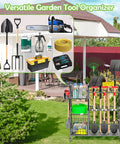 Wheeled Garden Tool Organizer With 3 Tier Rack And Extra Storage Basket holding tools in a backyard.