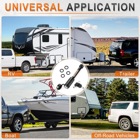 Image showing RV, trailer, boat, and off-road vehicle towing with Five Eighth Inch Diameter Trailer Hitch Receiver Pin Lock.