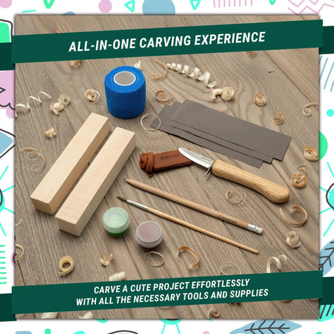 Wood Carving Kit For Kids And Beginners, Easy Starter Whittling Set with tools, basswood, and spruce project on table.