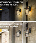 Dusk To Dawn Matte Black Outdoor Wall Light With Seed Glass on porch, day and night view, E26 base, 2 pack.