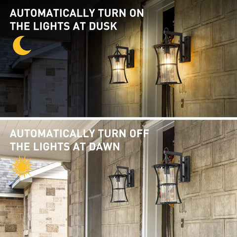 Dusk To Dawn Matte Black Outdoor Wall Light With Seed Glass on porch, day and night view, E26 base, 2 pack.