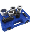 Astro Pneumatic exhaust pipe stretcher kit in blue case; metal segmented rings and black adapters visible.