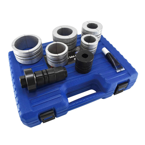 Astro Pneumatic exhaust pipe stretcher kit in blue case; metal segmented rings and black adapters visible.