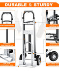 Heavy Duty 4 In 1 Convertible Hand Truck Dolly Cart With 1000 Lbs Capacity folding frame, adjustable handle, and sturdy design features.