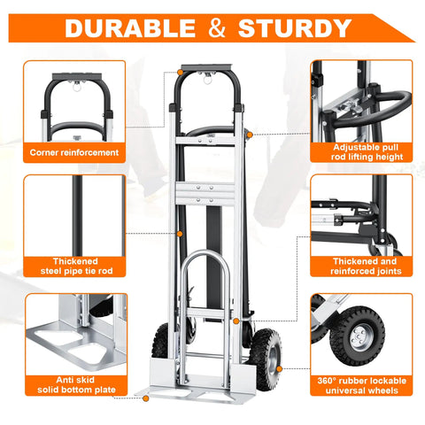 Heavy Duty 4 In 1 Convertible Hand Truck Dolly Cart With 1000 Lbs Capacity folding frame, adjustable handle, and sturdy design features.