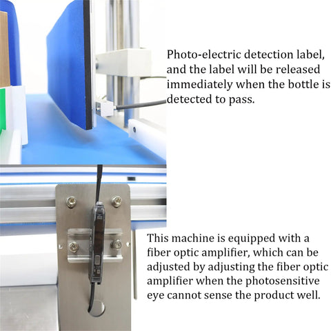 Ready To Go Automatic Desktop Conveyor Round Bottle Labeler features photo-electric detection for optimal label release.