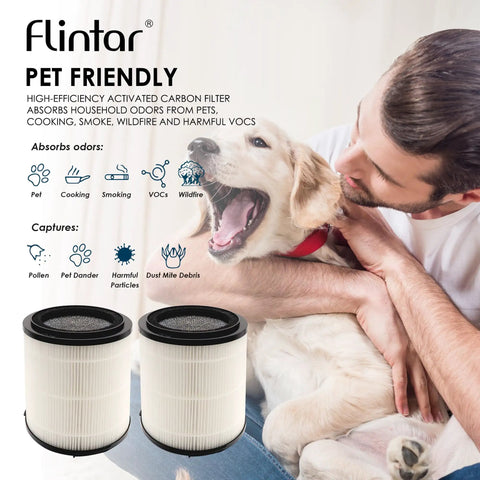 Man hugging dog with Replacement Filter For SilverOnyx 5 Speed Air Purifier KJ150F C02 3 In 1 H13 Filtration units visible