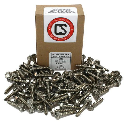 100 Piece Knockout Stainless Steel Sheet Metal Screws With A Hex Washer Head And Easy Turn Slot Drive for Wood Plastic and Fiberglass on display.