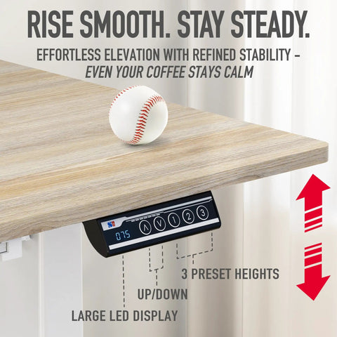 Maple finish electric height adjustable standing desk with drawer, memory preset controls, large LED display, and baseball.