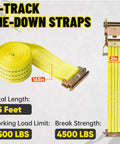 Heavy Duty Ratchet Straps 8 Pack 2 Inches By 15 Feet Featuring Bulletproof 4500 Pound Breaking Strength For Secure Cargo Tie Downs On Hotshot Trucks Built Tough To Crush Daily Hauls. Yellow E-track tie-down strap with 4500 lbs break strength.
