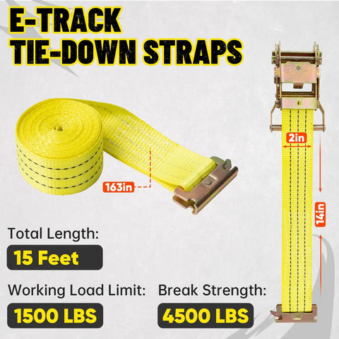 Heavy Duty Ratchet Straps 8 Pack 2 Inches By 15 Feet Featuring Bulletproof 4500 Pound Breaking Strength For Secure Cargo Tie Downs On Hotshot Trucks Built Tough To Crush Daily Hauls. Yellow E-track tie-down strap with 4500 lbs break strength.