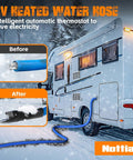 Heated RV water hose with blue exterior, connected to camper exterior outlet; thermostat for frost protection.