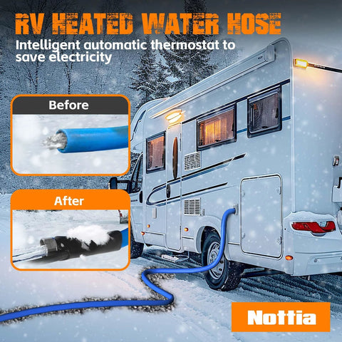 Heated RV water hose with blue exterior, connected to camper exterior outlet; thermostat for frost protection.