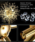 Close-up of 69 Inch Crystal Floor Lamp with K9 crystals, showcasing gold finish and details of Modern LED Standing Lamp On Off Foot Switch.