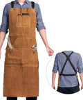 Beefy Heavy Duty Welding Apron With Gloves For Men, Heat And Flame Resistant Leather Shop Gear, adjustable straps, six pockets