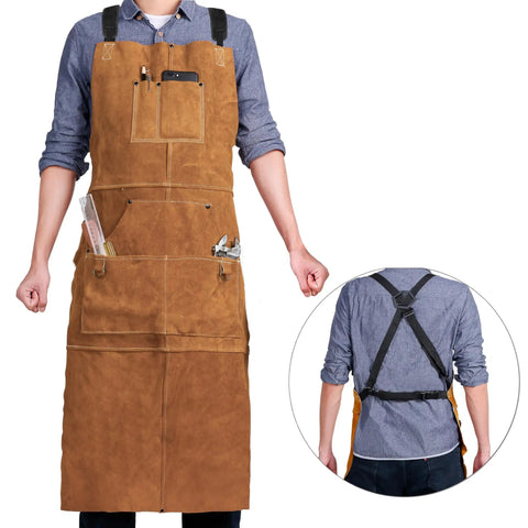 Beefy Heavy Duty Welding Apron With Gloves For Men, Heat And Flame Resistant Leather Shop Gear, adjustable straps, six pockets