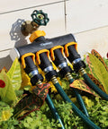 4 Way Lever Flow Through Valve Connector Bundle For Garden Hoses, High Volume Valves, Longer Levers, Vertical Operation, Metal Hose Threads, EZ Flow 4 Way Control, Yellow And Black on wall faucet