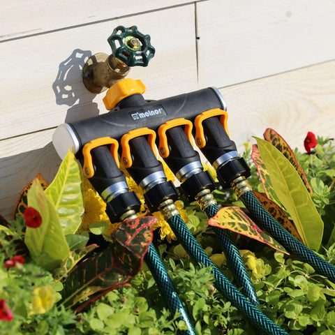4 Way Lever Flow Through Valve Connector Bundle For Garden Hoses, High Volume Valves, Longer Levers, Vertical Operation, Metal Hose Threads, EZ Flow 4 Way Control, Yellow And Black on wall faucet
