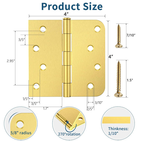 Three Pack Brushed Gold Exterior Door Hinges Four Inch With Five Eighth Inch Radius And Square Corners Removable Pin