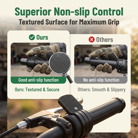 Heavy Duty Universal Motorcycle Throttle Grip Pair With Thumb Accelerator And Dead Nuts Secure Non Slip Housing showcasing textured grip comparison.