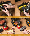 Heavy Duty Double Sided Nonstick Sandwich Maker With Portable Aluminum Flip Pan shown in use while being assembled and prepared for outdoor cooking.