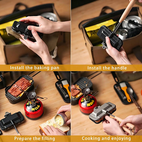 Heavy Duty Double Sided Nonstick Sandwich Maker With Portable Aluminum Flip Pan shown in use while being assembled and prepared for outdoor cooking.