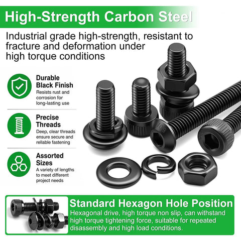 Complete M3 Hardware Kit 1002-Piece Set with black zinc plated screws, nuts, washers, and springs on white background