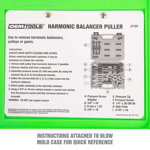 Harmonic Balancer Puller Kit instructions in green case with labeled components for GM 3300 and 3800 V6 engines