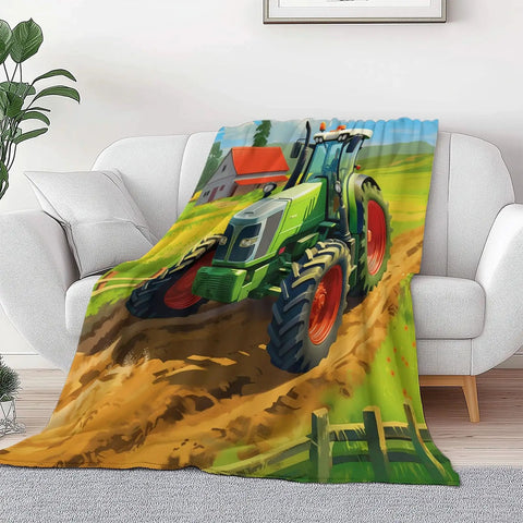 Ultra Cozy Lightweight Flannel Throw Blanket For Adults And Kids Snuggle On The Couch Or In Bed With Toasty Warmth Modern Room Decor 50 By 60 Inches Travel Friendly featuring tractor design draped over a white sofa