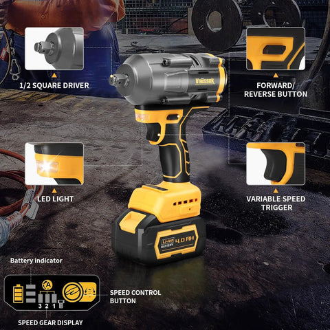 Half Inch Cordless Impact Wrench With Brushless Motor 1200 Nm Torque 900 ft lb Battery Compatible 20V LED Work Light