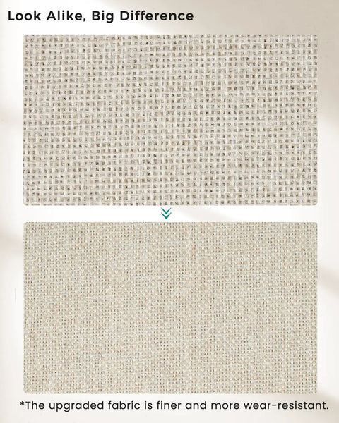 Comparison of two beige fabric textures showing upgraded weave for Storage Cube Bins For Shelves And Closets Beige Fabric Cubby Organizer Baskets Three Size Options 11 In 13 In And 13x15x13 In 4 Pack 7.7 Oz Fabric Weight Fits KALLAX Shelving Units And Wardrobes.