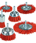 Six Pack Nylon Filament Abrasive Wire Brush Wheel And Cup Brush Set With One Quarter Inch Hex Shank For Rust Removal Grime Bustin Cleanup