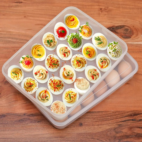 Two Pack Deviled Egg Carriers With Lids Portable 24 Egg Holders 48 Egg Capacity BPA Free Plastic Stackable Refrigerator Organizer Clear Tray Secure Seal Easy Clean Party Ready On The Go