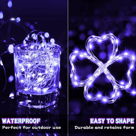 Battery Operated Copper Wire Fairy Lights 16.4Ft UV Black Light LED String With 50 LEDs coiled in a glass and shaped into a flower
