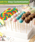 Straight Up Natural Bamboo Wooden Dowel Rods Quarter Inch by Twelve Inches Solid 50 Piece Craft Sticks for DIY Art Floral Bouquets and Centerpieces Zero Hassle Ready to Rock displayed with colorful cake pops and lollipops.