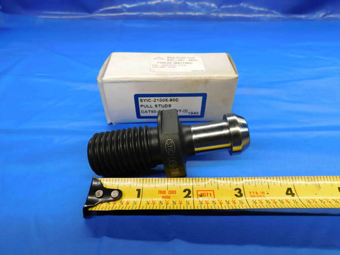 Heavy Duty Cat50 Coolant Through Retention Knob And Pull Stud Kit Featuring Mas3 Interface on blue background with a ruler