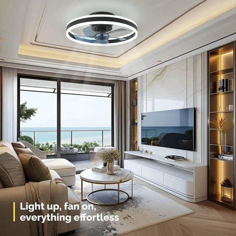 Modern living room with Low Profile Bladeless Ceiling Fan With Light, 19.7 Inch Flush Mount, Dimmable LED, Remote, Black
