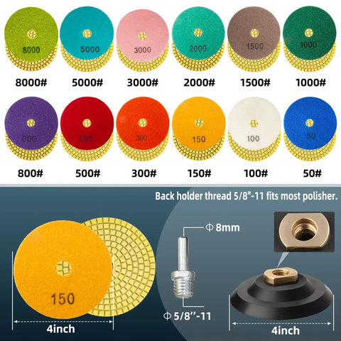 14 Pack 4 Inch Diamond Polishing Pads Kit With 2 Backer Pads For Wet And Dry Polishing On Granite Marble Stone Concrete