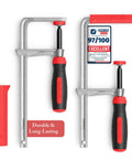 Heavy Duty F Clamps For Woodworking 2 Pack With 630 Lbs Clamping Force Rubber Tips Scratch Resistant shown in packaging