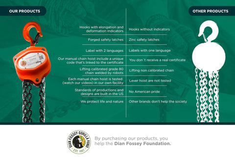 Comparison of hand chain hoists showing features of a Hand Chain Hoist 2200 Lb, 10 Ft Lift, Dual Hooks, Forged Locks 4 To 1 Safety.